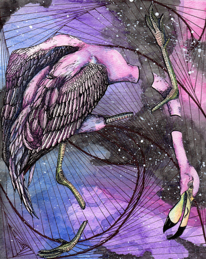 "Lost in Time and Space Flamingo", 2016 | mix media