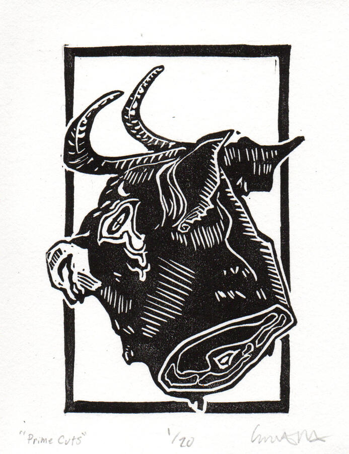 "prime cuts", 2020 | linocut